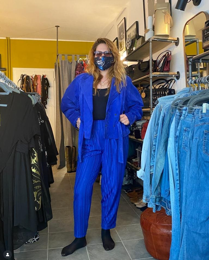 Fredde in bright blue pinstripe suit in the atelier